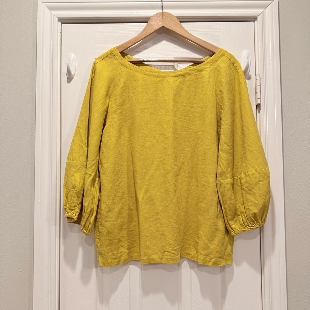LOFT Linen Blend Blouse Mustard Yellow Color 3/4 Blouson Puff Sleeve Sz Med NWT